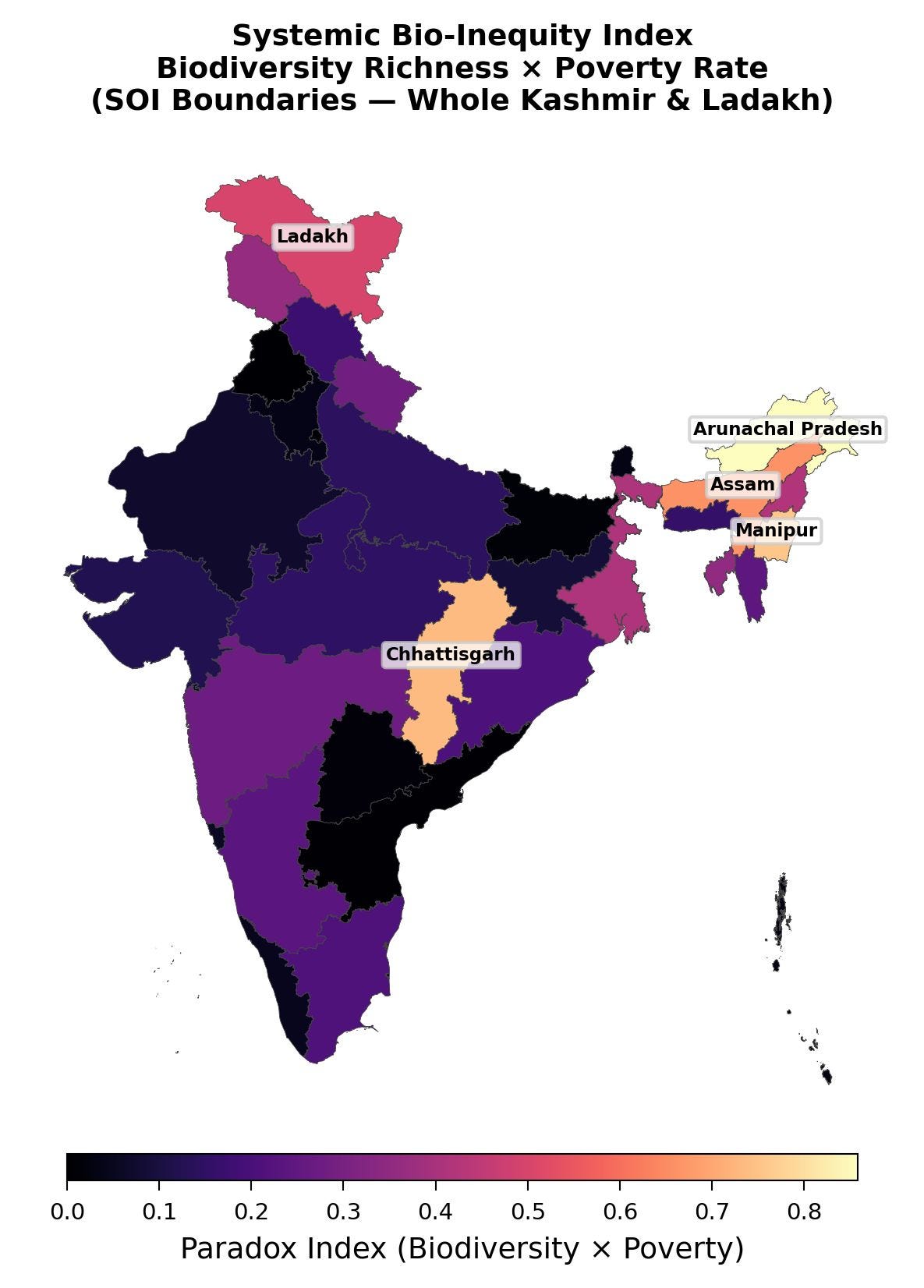 Map of India showing the systemic bio-inequity paradox index by state