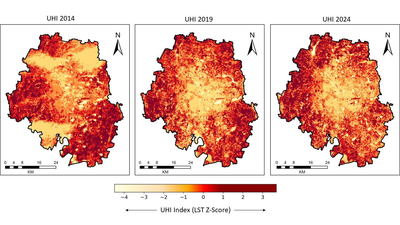 Urban heat island index maps of Bengaluru for 2014, 2019 and 2024