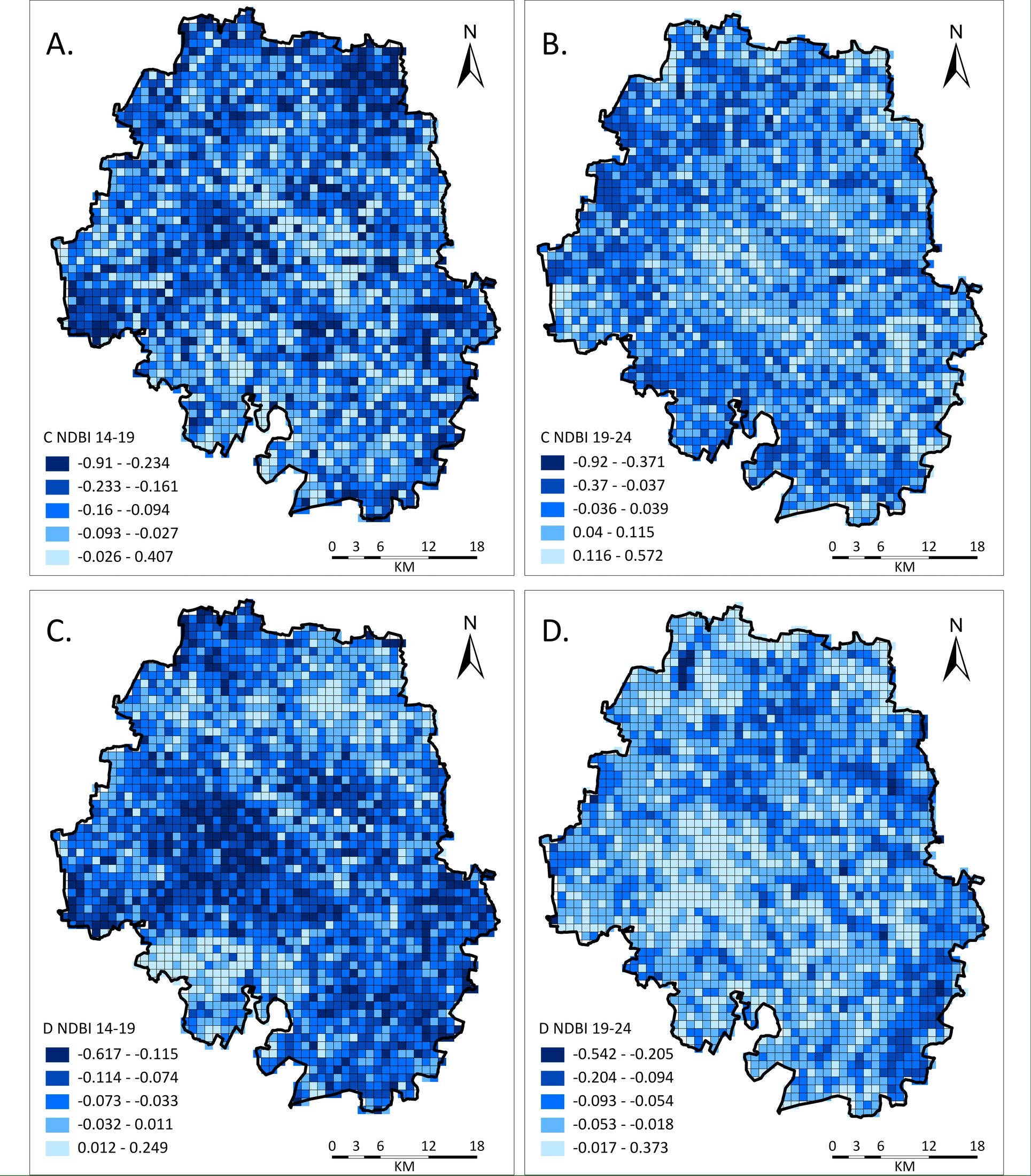 Grid-based change maps of the Normalized Difference Built-up Index across 2014–2019 and 2019–2024, with class breaks as shown