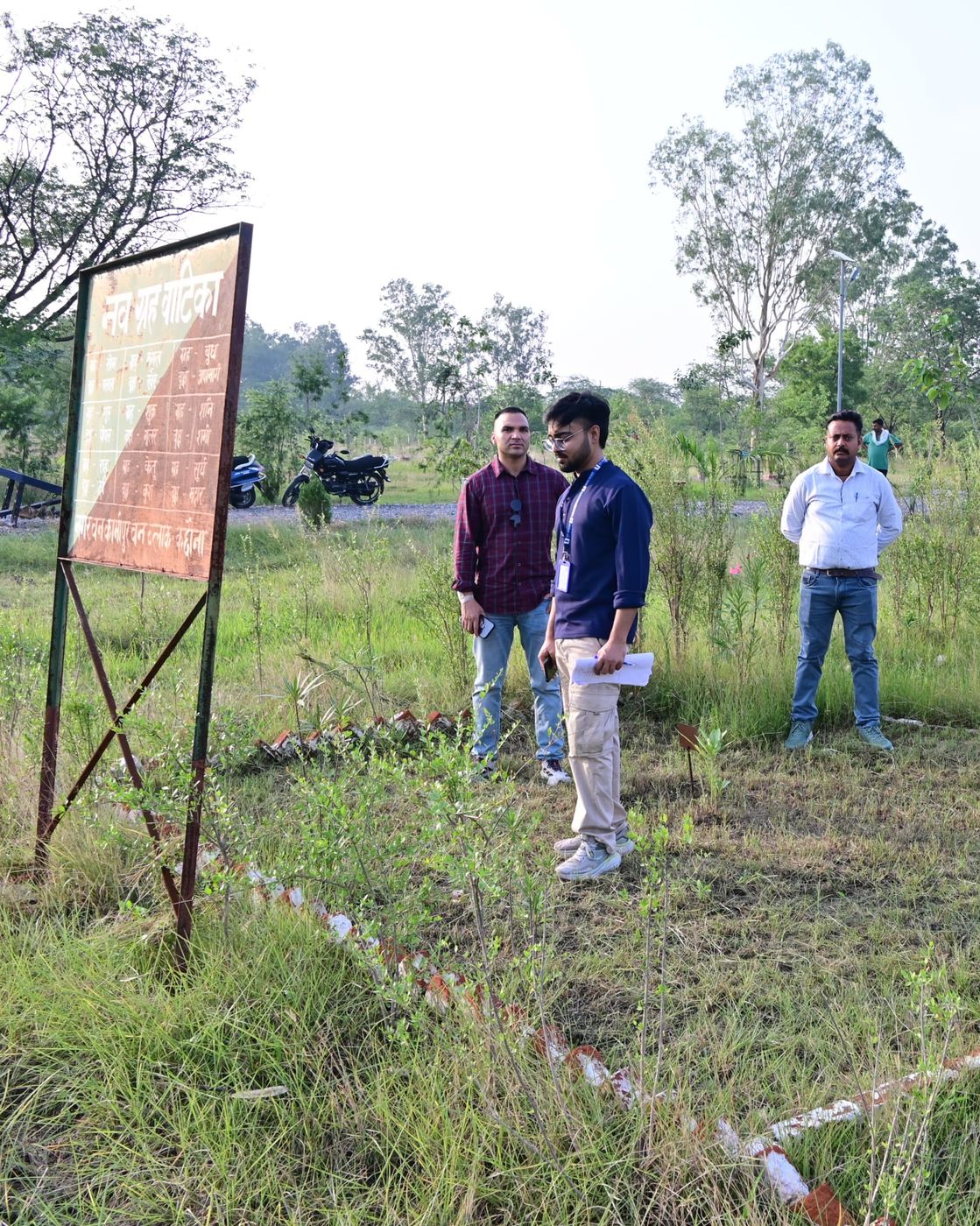 Arkraj Biswas with colleagues conducting a survey visit at a Nav Grah Vatika garden site